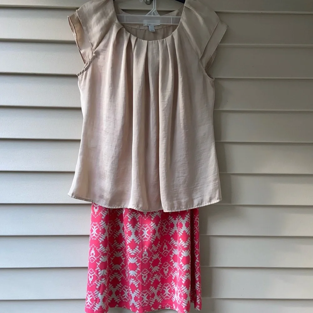 VWL Dressbarn Sz-L Beige Silky Top w/ Beige & Peachy/Orange Patterned Skirt Both